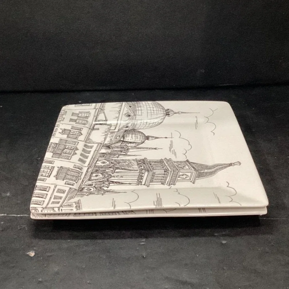 222 Fifth City Scenes Salad Plates, Set of 2, Vintage Square Dishes, Tableware